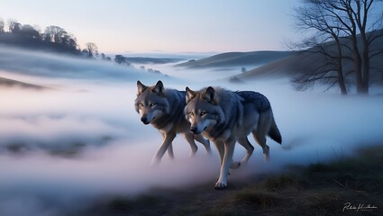 Experience the allure of the wild with this mesmerizing image of a pair of wolves moving gracefully through a misty valley at dawn.