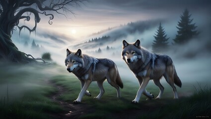 Experience the allure of the wild with this mesmerizing image of a pair of wolves moving gracefully through a misty valley at dawn.