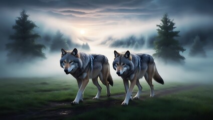 Experience the allure of the wild with this mesmerizing image of a pair of wolves moving gracefully through a misty valley at dawn.