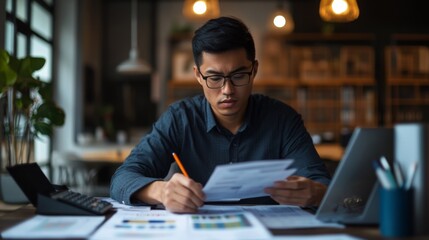 Focused Man in Glasses Working at Desk with Papers and Laptop