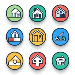 Obraz premium A collection of colorful icons depicting various house designs, perfect for real estate, architecture, or home improvement projects.