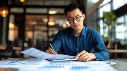 A Man in Glasses Studying Financial Documents at a Desk