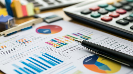 Financial diagrams and charts on desk with calculator and pen