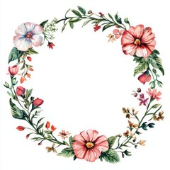 Obraz premium Watercolor floral circle frame isolated on white background.