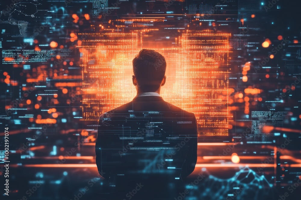 Poster a cybersecurity expert analyzes glowing encrypted codes in a virtual data space at night. generative