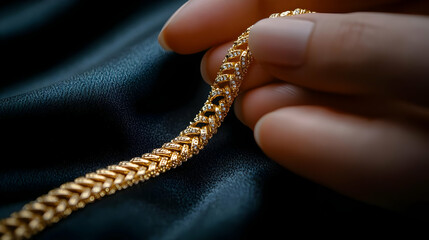 A close-up of a stunning gold bracelet being held gently, showcasing its intricate design against a soft black fabric background.