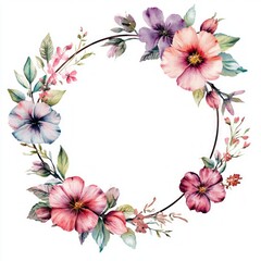 Watercolor floral circle frame isolated on white background.