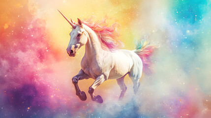 Naklejka premium Whimsical Unicorn in Artistic Fantasy Background