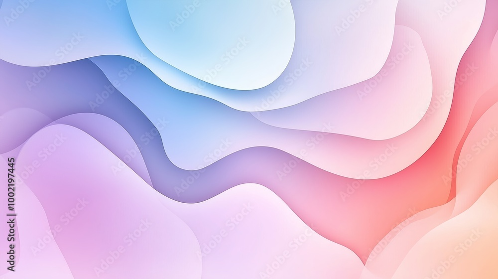 Poster abstract soft wave patterns blending cool blue and warm pink tones in a serene digital design