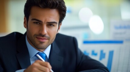 Fototapeta premium Confident Businessman in a Suit Holding a Pen