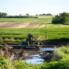 Fototapeta premium Water pump working on agricultural land in springtime