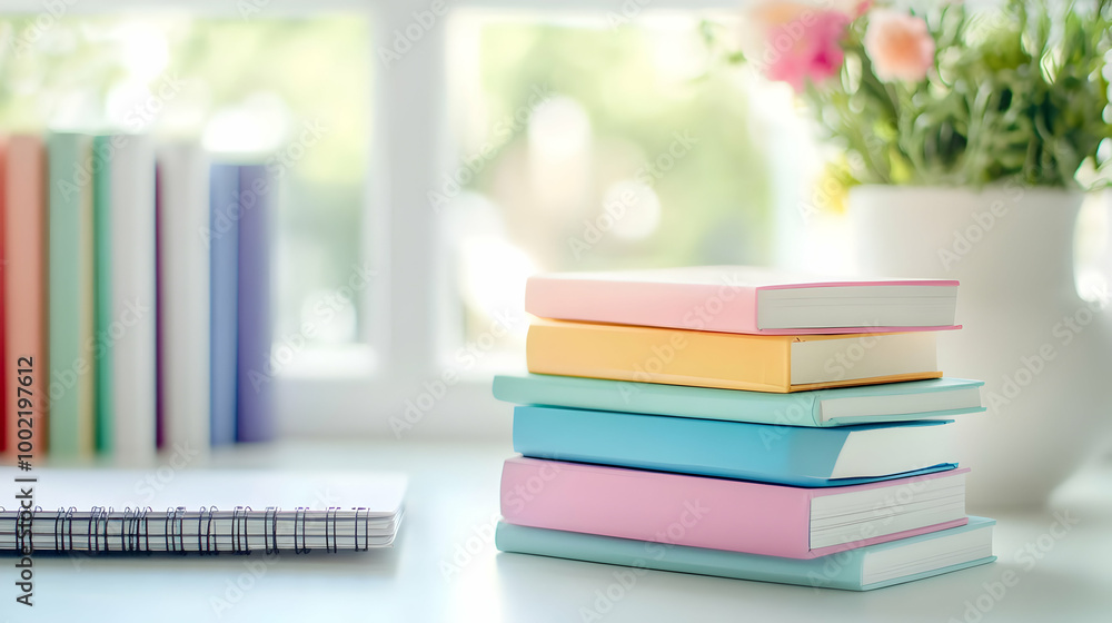 Poster a colorful stack of books on a bright desk with a vase of flowers, creating a vibrant and inviting s