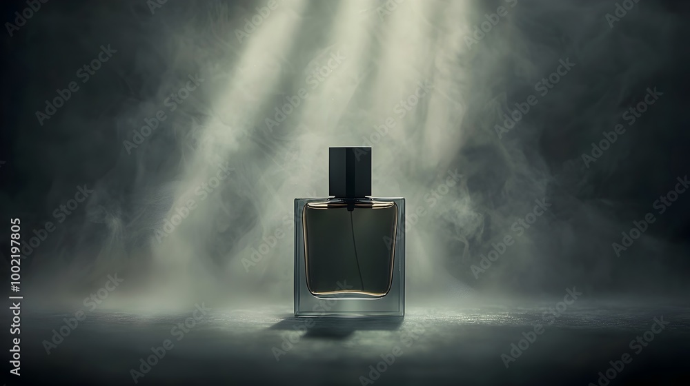 Fototapete Enchanting image of a perfume bottle elegantly hovering in a dense misty atmosphere with subtle light rays illuminating its contours and creating a captivating dreamlike visuals