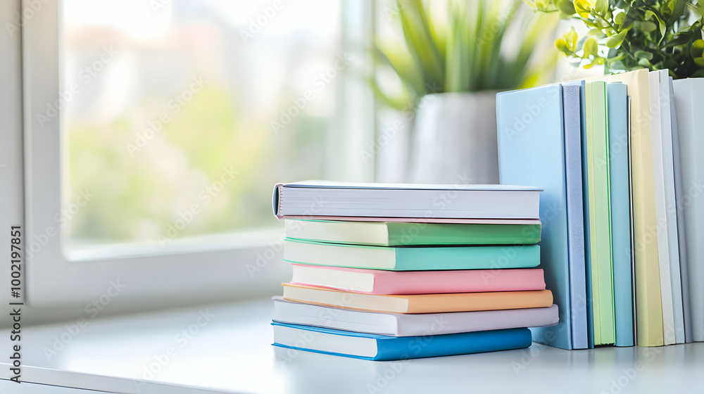 Poster a cozy workspace featuring a stack of colorful books and a potted plant by the window, creating a vi