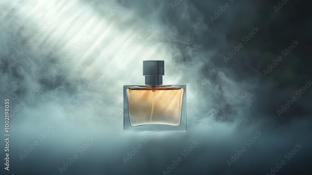 Fototapete Enchanting perfume bottle hovering in a dense ethereal fog with subtle light rays that elegantly illuminate its captivating glass like contours creating a serene and high end visual composition