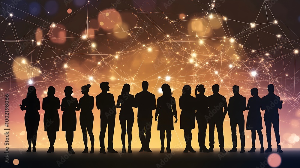 Poster silhouettes of people standing in front of a network of connections.
