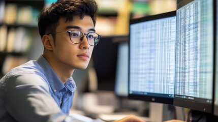 Young Man in Glasses Working on Computer with Data Displayed
