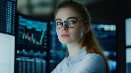 Fototapeta premium Woman in Glasses Looking at Stock Market Data on Monitors