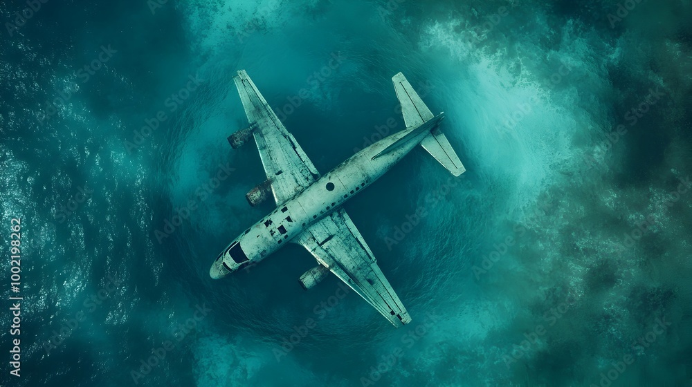 Poster ethereal plane caught in bermuda triangle whirlpool of water and light surreal and captivating aeria