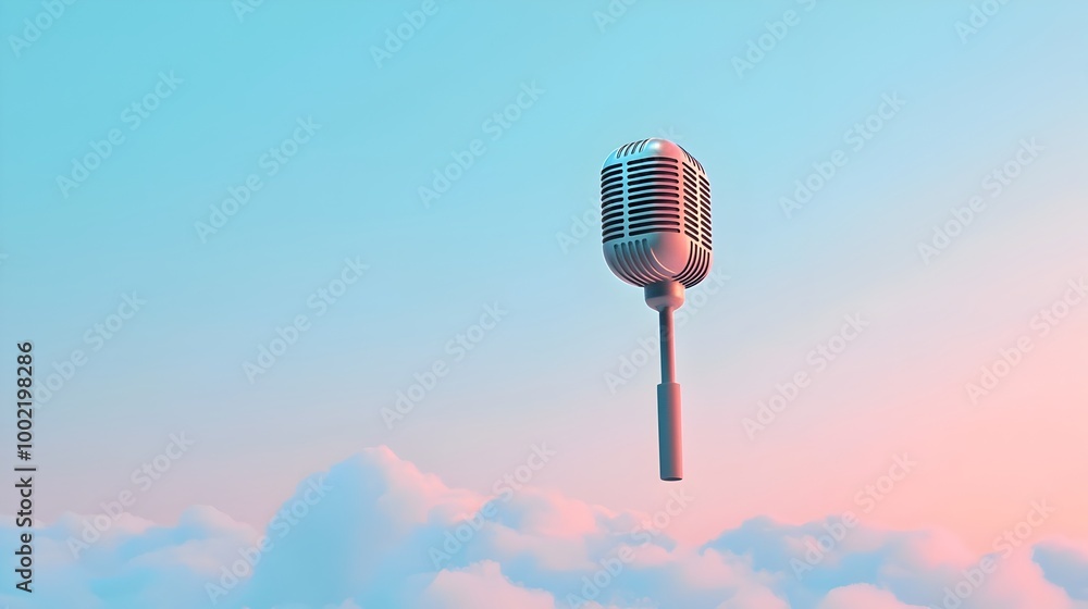 Poster Ethereal microphone floating effortlessly amidst wispy clouds symbolizing the boundless nature of sound waves and the power of imagination in a dreamlike transcendent atmosphere