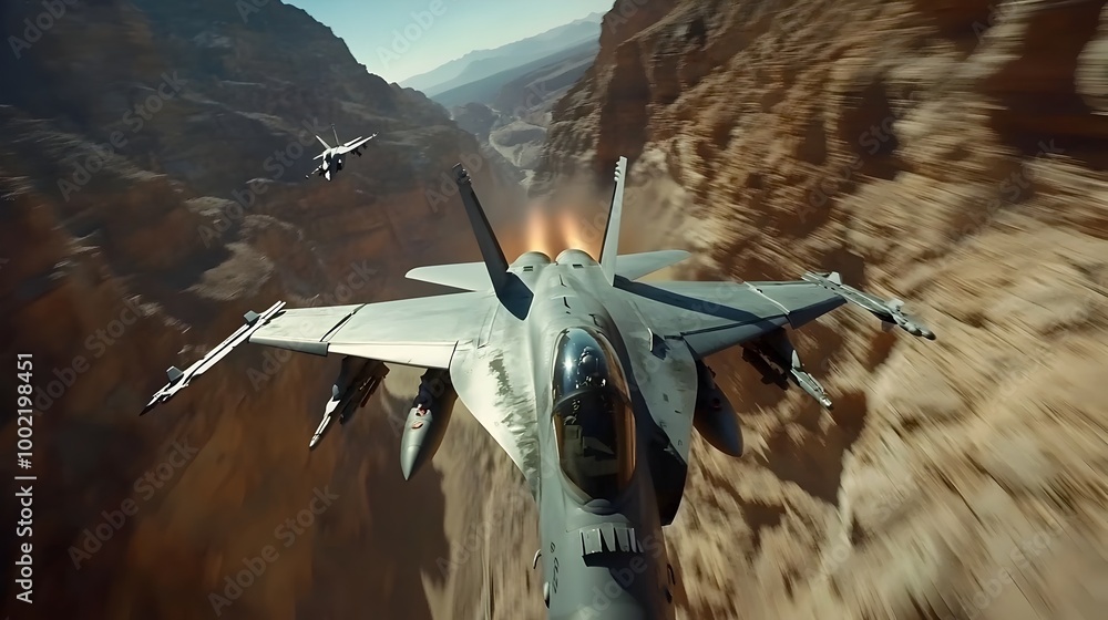 Poster Fierce aerial combat between maneuvering fighter jets navigating through a narrow canyon with an onboard capturing the dynamic high speed turns and twists of the intense dogfight