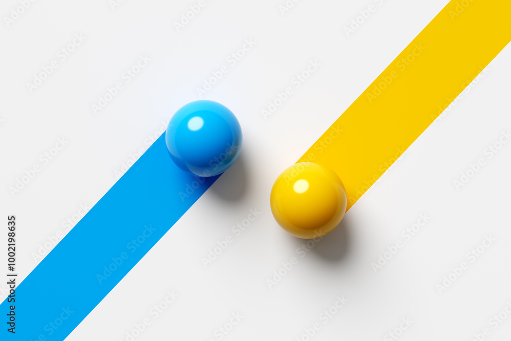 Poster two spheres rolling down different paths on white background
