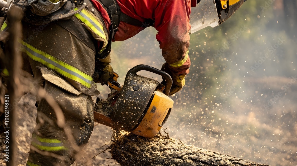 Poster firefighter wearing protective gear wielding a chainsaw to fell a tree and create a firebreak in a f