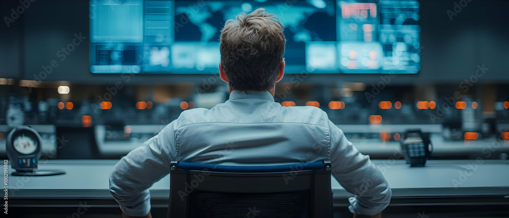 Poster a focused individual observing data on multiple screens in a modern control room, highlighting techn