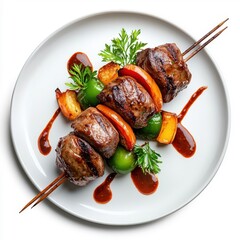 Kebab on a plate, isolated on a white background, elegantly presented for a gourmet look.