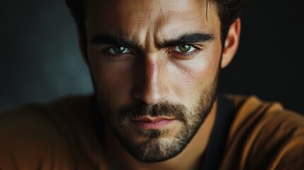 Fototapeta premium Close-up Portrait of a Man with a Serious Expression and Green Eyes