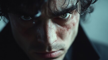 Close-up Portrait of a Man with Intense Eyes and Wet Hair