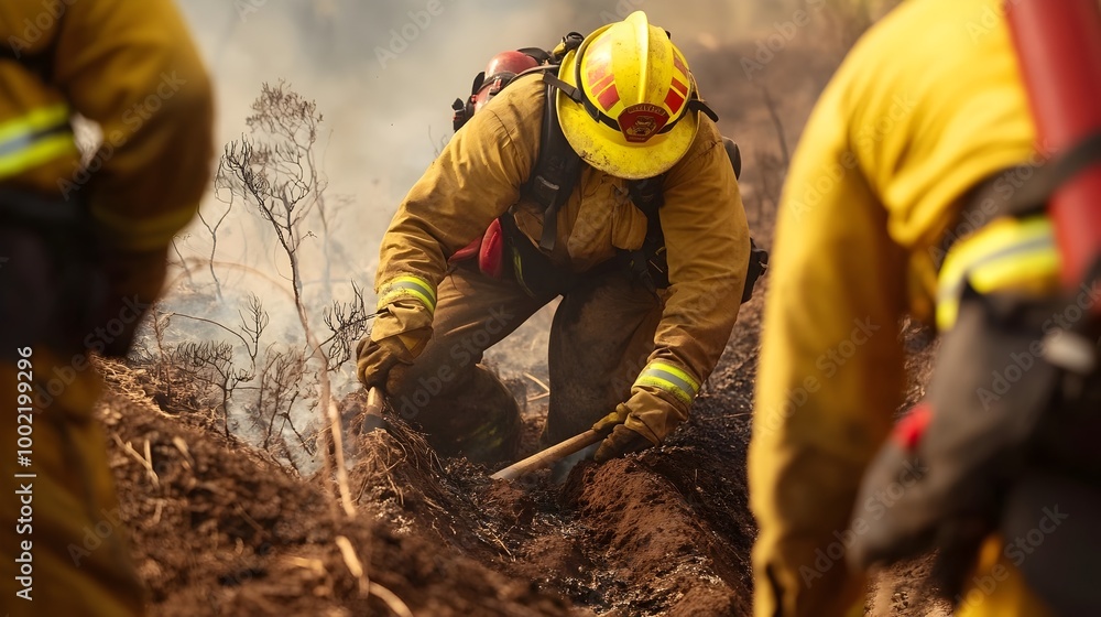 Poster firefighters working to contain a spreading wildfire by digging trenches and clearing surrounding ve