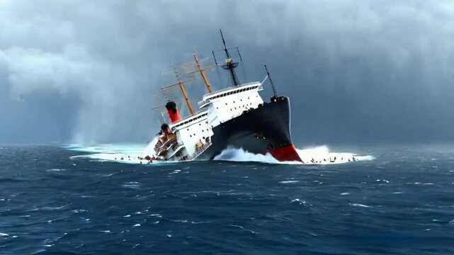 A large ship splits and sinks in the middle of a stormy sea