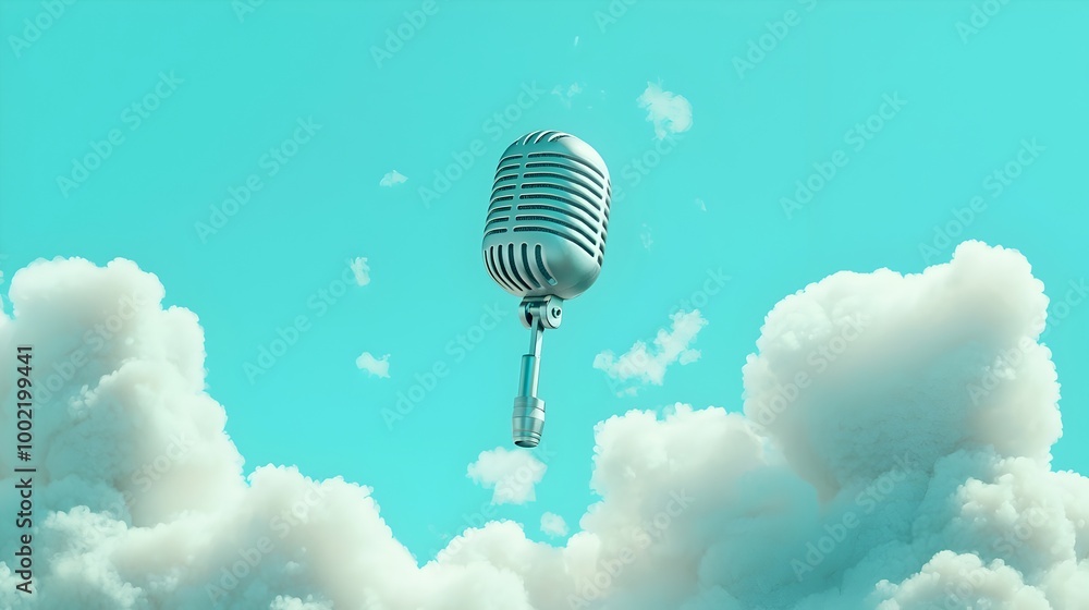 Poster Floating microphone suspended among wispy clouds creating a dreamlike and atmospheric visual representation of sound waves and audio technology in a surreal creative concept