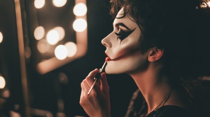 Obraz premium Woman with Joker Makeup Applying Red Lipstick in Front of a Mirror