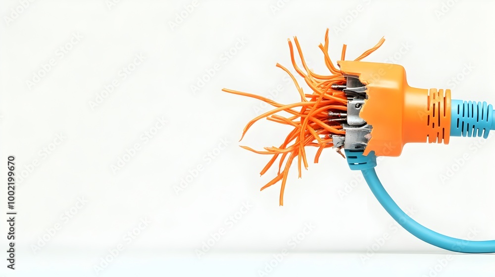 Poster frayed and tangled electrical cord with exposed wiring isolated on a clean white background represen