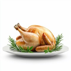 Roasted chicken on a plate, isolated on a white background, elegantly presented for a gourmet feel.