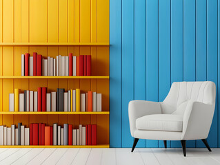 A modern interior featuring a vibrant yellow and blue wall, stylish chair, and a colorful bookshelf filled with books.