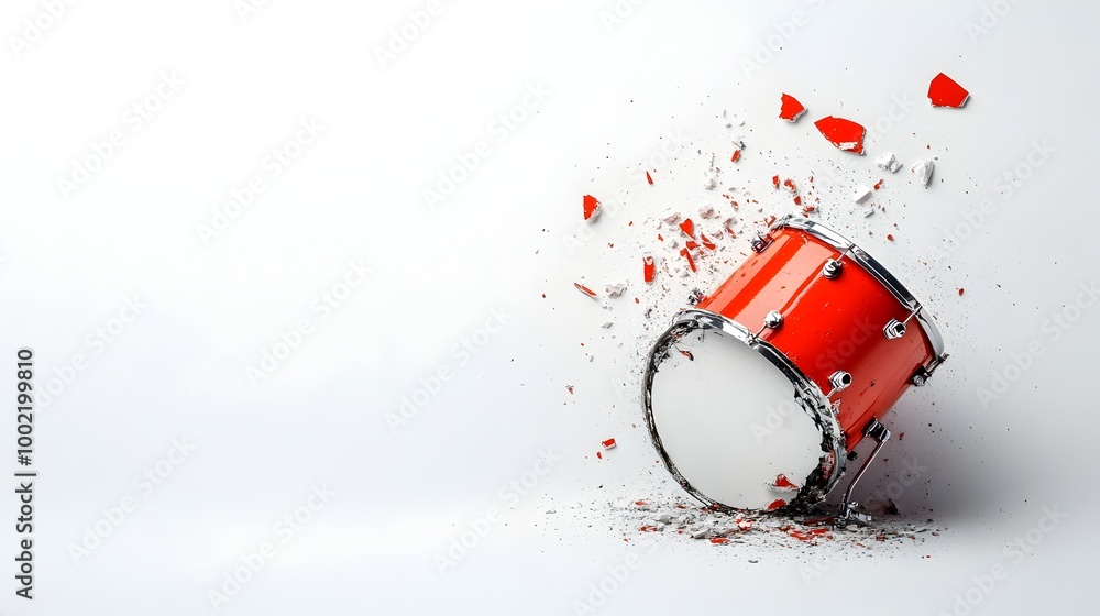 Poster fractured musical instrument isolated on pristine white background conceptual image of damaged decon