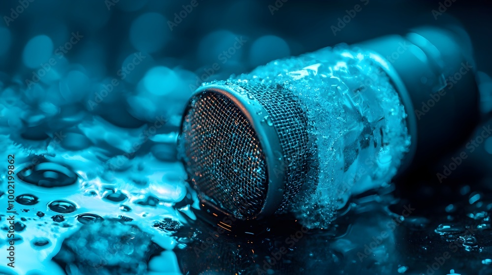 Poster Frozen microphone encased in ice and illuminated with soft blue lighting against a dark black background  Minimalist and modern concept for audio recording or technology related creative projects