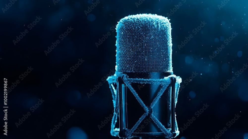 Poster Frozen microphone encapsulated in ice illuminated with soft captivating blue lighting against a sleek black background