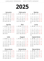 2025 romanian calendar. Printable, editable vector illustration for Romania and Moldova. 12 months calendars