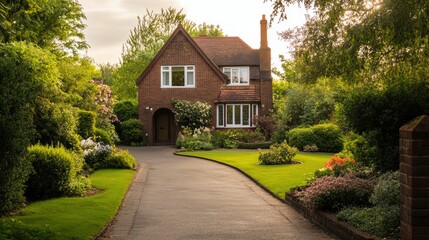 Fototapeta premium City house with a front garden and driveway, leaving plenty of space for text in the background.
