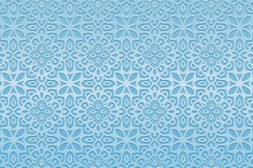 Luxury satin blue background, tribal design cover, banner. Geometric openwork 3d pattern, embossing. Textured ethnic ornaments, arabesques, mandala of the East, Asia, India, Mexico, Aztec, Peru.