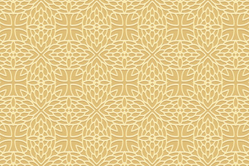 Luxury satin beige background, tribal design cover, banner. Geometric decorative 3d pattern, embossing. Textured ethnic ornaments, arabesques, mandala of the East, Asia, India, Mexico, Aztec, Peru.