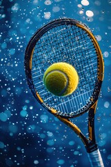 Close-up of tennis racket hitting ball with water droplets on blue background