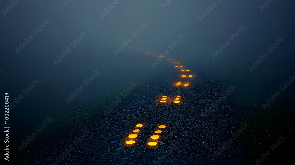 Aufkleber Glowing Footprints Fading into the Unseen Fog Metaphor for Ambition Discovery and the Unknown Future  Mystical Ethereal Landscape with a Trails of Light Disappearing into the Mist