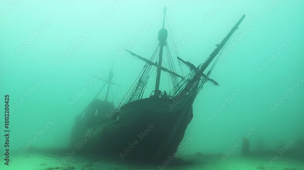 Poster ghostly half submerged ship lost in the mysterious bermuda triangle shrouded in an eerie otherworldl
