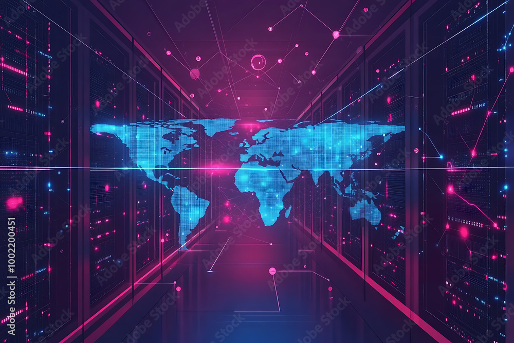 Poster a digital representation of a world map with a tech-inspired background.