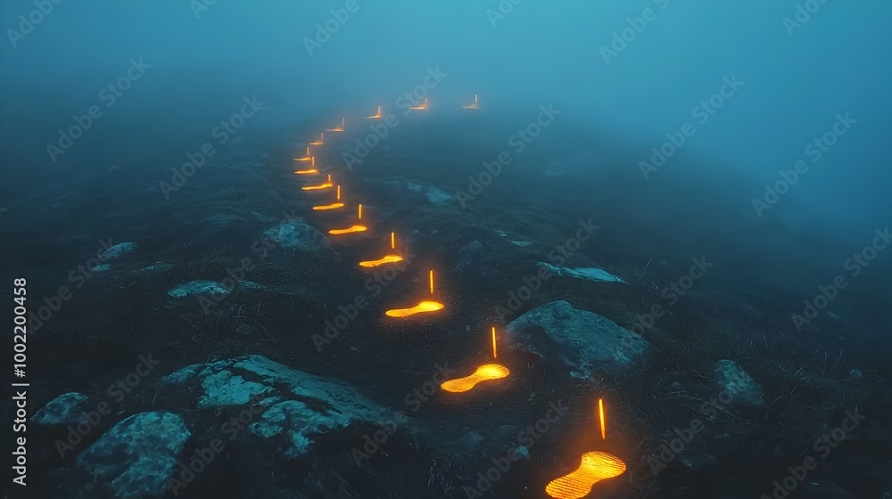 Poster Glowing Footprints Leading Into the Enigmatic Fog of the Unknown Future   A Captivating Metaphor for and the Mysteries of the Path Ahead